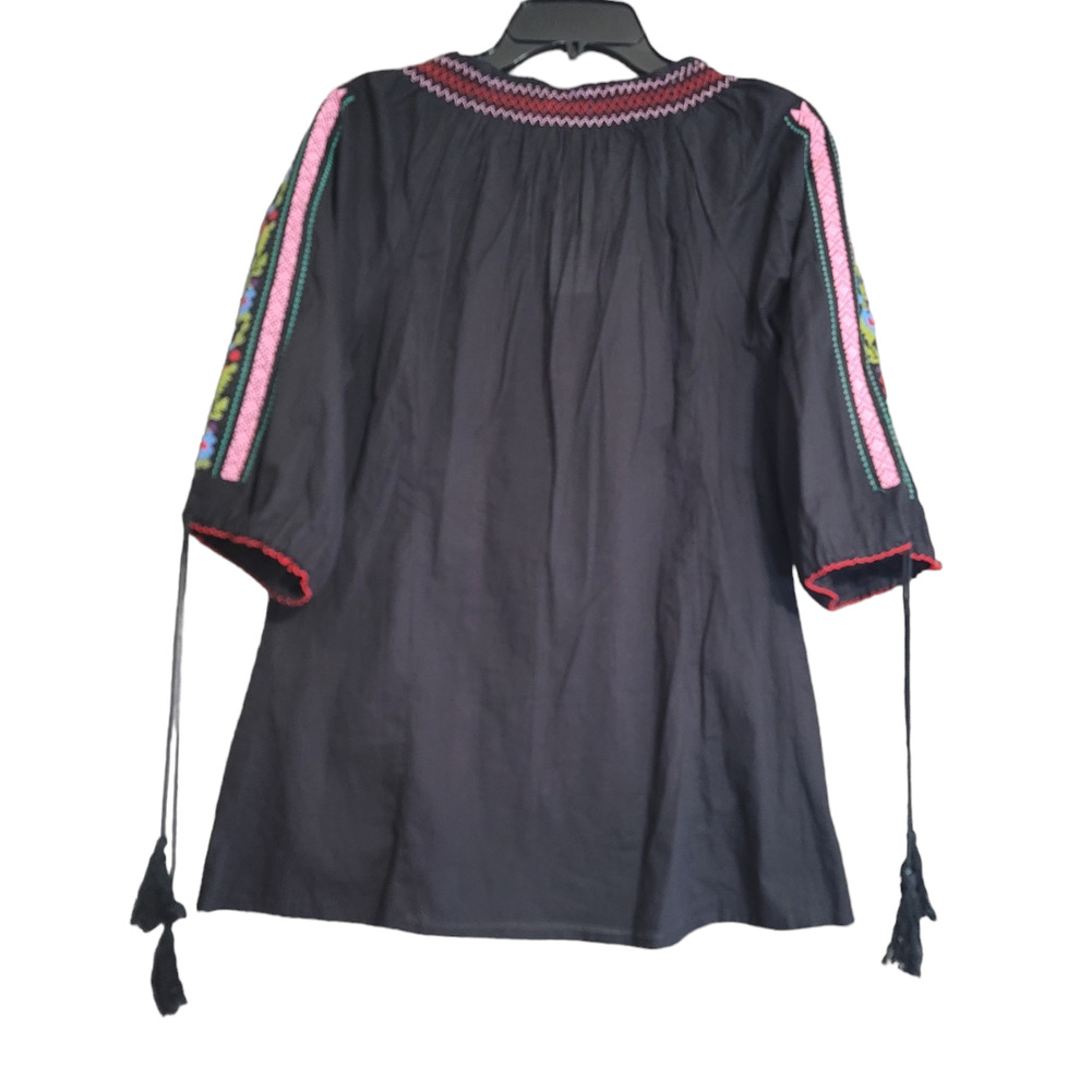 Star India Boho Black Embroidered Floral Tassel Cotton Three-Quarters Sleeves - Picture 2 of 6